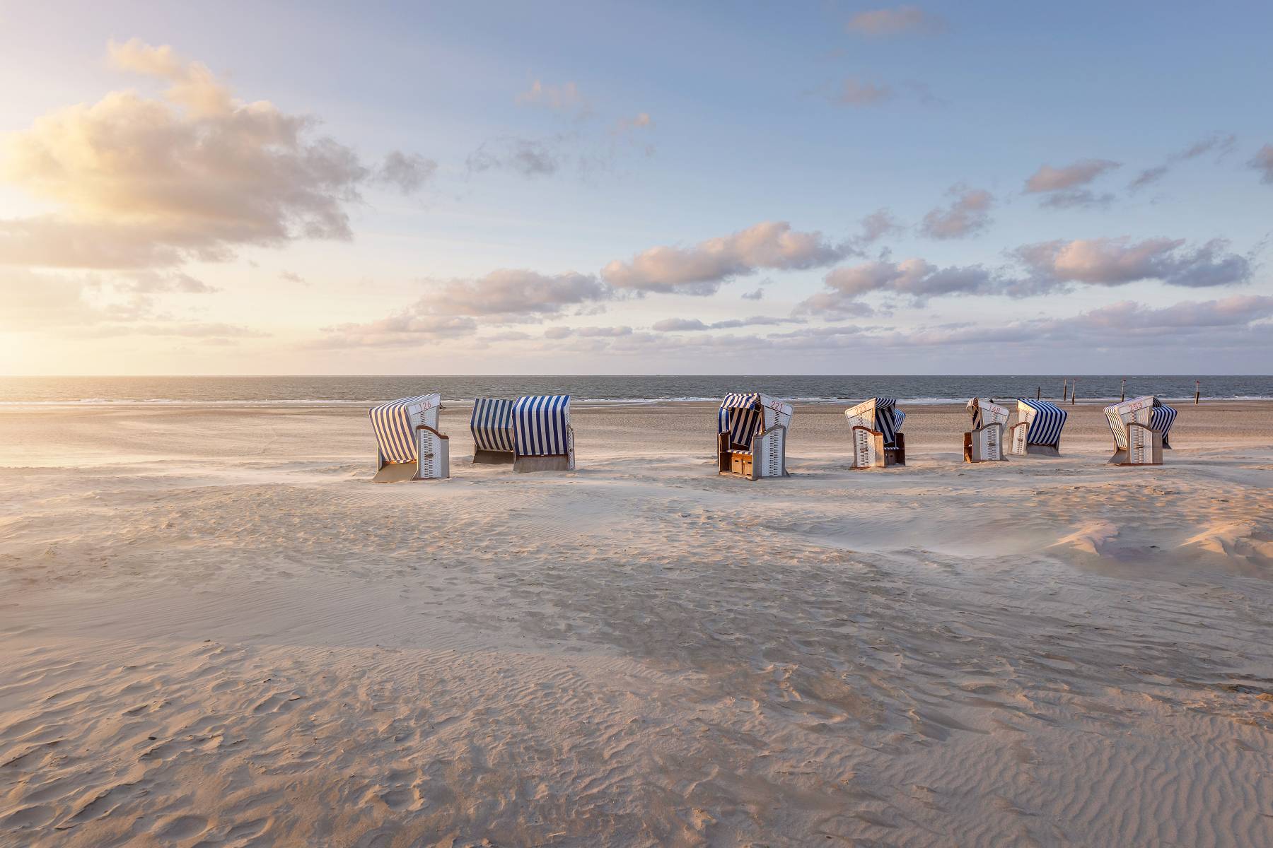 Strandkörbe am Strand von Norderney im Abendlicht